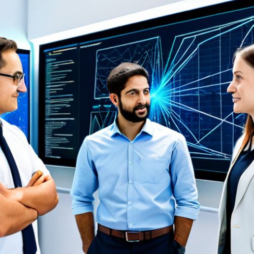 Home 6 A team of three professional software engineers, two men and one woman, fully clothed in modest business casual attire, are gathered around a large interactive holographic display in a brightly lit, collaborative tech workspace. The display dynamically visualizes complex data pathways and API architectures, showcasing streamlined data flow and the integration of different access methods like REST, GraphQL, and gRPC. One engineer, with a confident and natural pose, points to a crucial optimization point, discussing insights with their focused colleagues. The background is clean and modern, with subtle digital elements. Perfect anatomy, correct proportions, well-formed hands, natural body proportions. Professional photography, high quality, safe for work, appropriate content, fully clothed, professional.