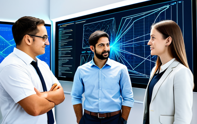 A team of three professional software engineers, two men and one woman, fully clothed in modest business casual attire, are gathered around a large interactive holographic display in a brightly lit, collaborative tech workspace. The display dynamically visualizes complex data pathways and API architectures, showcasing streamlined data flow and the integration of different access methods like REST, GraphQL, and gRPC. One engineer, with a confident and natural pose, points to a crucial optimization point, discussing insights with their focused colleagues. The background is clean and modern, with subtle digital elements. Perfect anatomy, correct proportions, well-formed hands, natural body proportions. Professional photography, high quality, safe for work, appropriate content, fully clothed, professional.