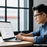 Home 20 API 설계에서의 개발자 경험 향상 방법 - A modern Vietnamese software developer workspace showing a young professional coding on a sleek lapt...