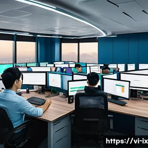 Home 31 API 보안 인증 방식 비교 - A modern office workspace scene featuring a diverse team of Vietnamese software developers collabora...