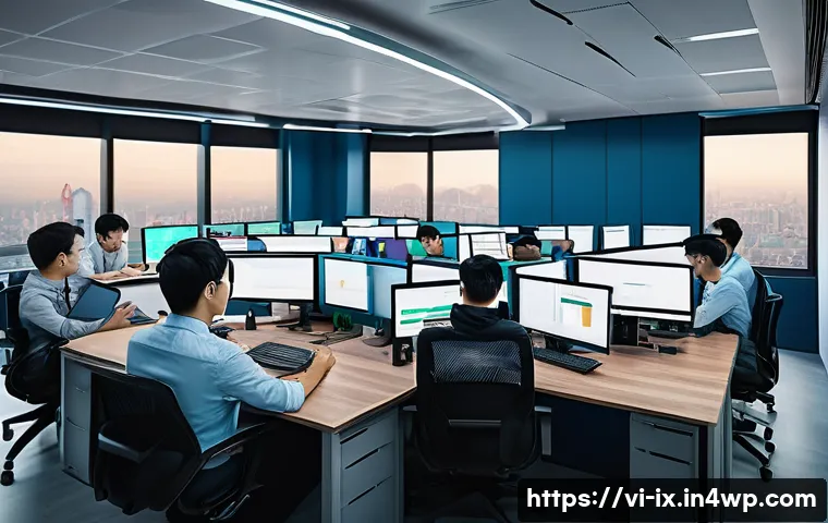 API 보안 인증 방식 비교 - A modern office workspace scene featuring a diverse team of Vietnamese software developers collabora...