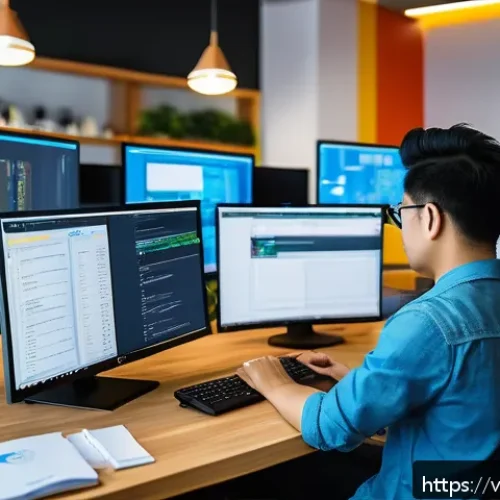 Home 30 API 설계에 대한 실무자 인터뷰 - A modern software development workspace featuring a diverse group of Vietnamese programmers collabor...