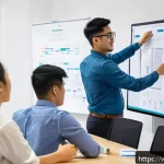 Home 23 API 개발에서의 애자일 적용 방법 - A modern agile software development team collaborating in a bright Vietnamese office, featuring dive...